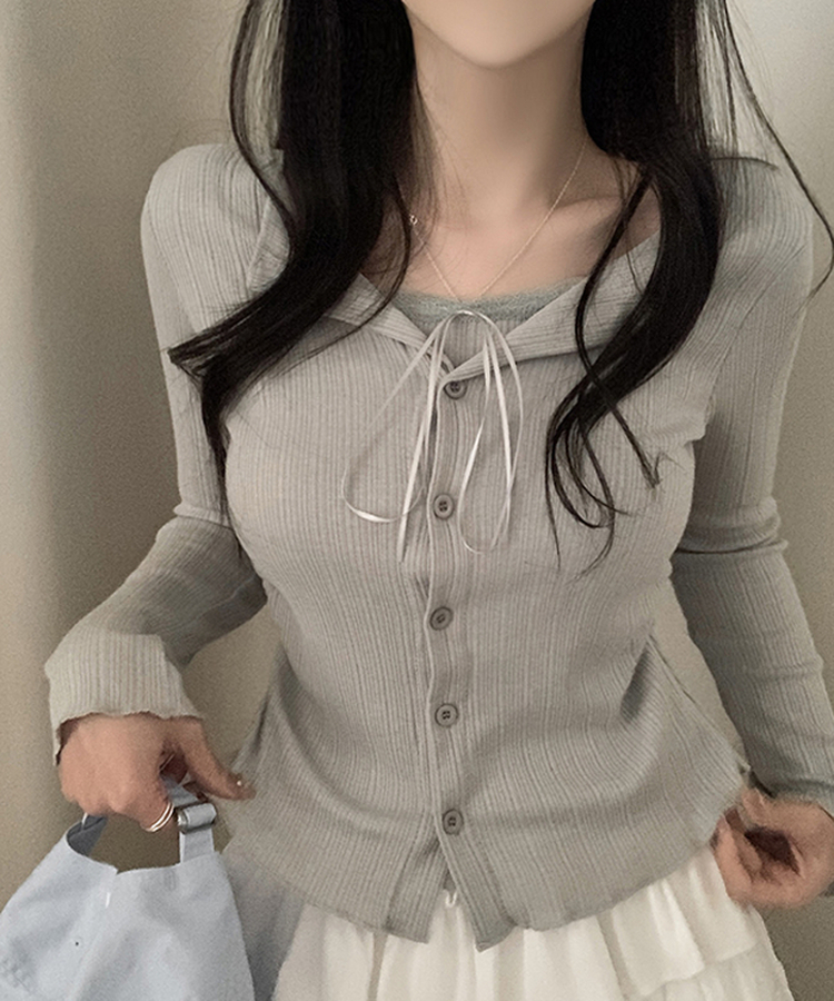 リボンレースレイヤードTシャツ GREY