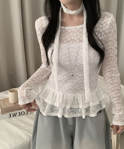 【タイ付き】チョーカーフリルティアードレースTシャツ WHITE