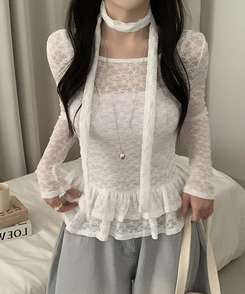 【タイ付き】チョーカーフリルティアードレースTシャツ WHITE