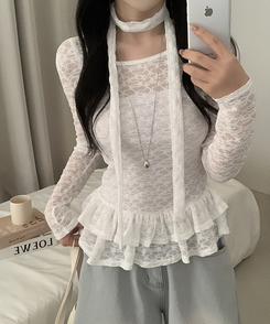 【タイ付き】チョーカーフリルティアードレースTシャツ WHITE