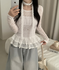 【タイ付き】チョーカーフリルティアードレースTシャツ WHITE