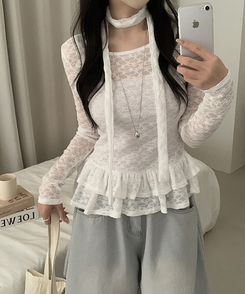 【タイ付き】チョーカーフリルティアードレースTシャツ WHITE