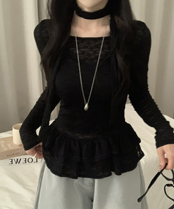 【タイ付き】チョーカーフリルティアードレースTシャツ BLACK