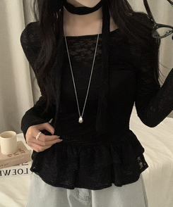 【タイ付き】チョーカーフリルティアードレースTシャツ BLACK