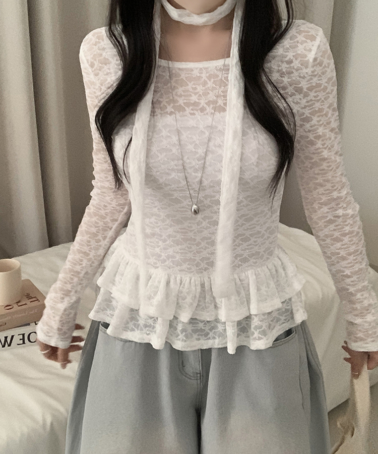 【タイ付き】チョーカーフリルティアードレースTシャツ WHITE