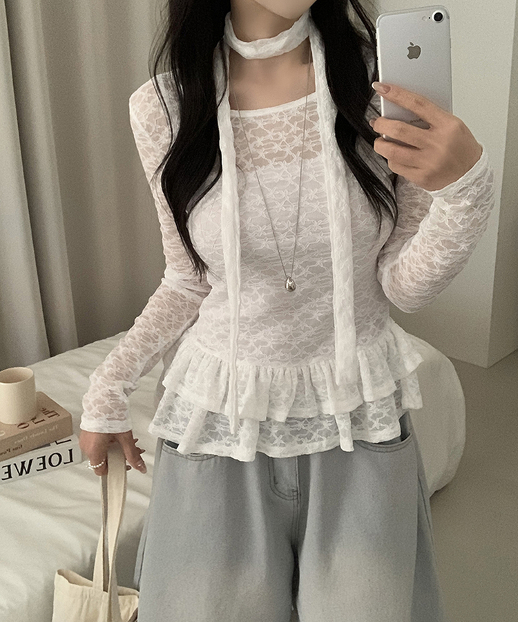 【タイ付き】チョーカーフリルティアードレースTシャツ WHITE