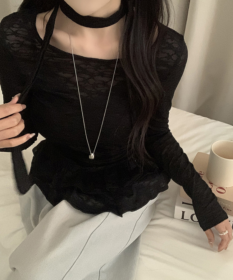 【タイ付き】チョーカーフリルティアードレースTシャツ BLACK