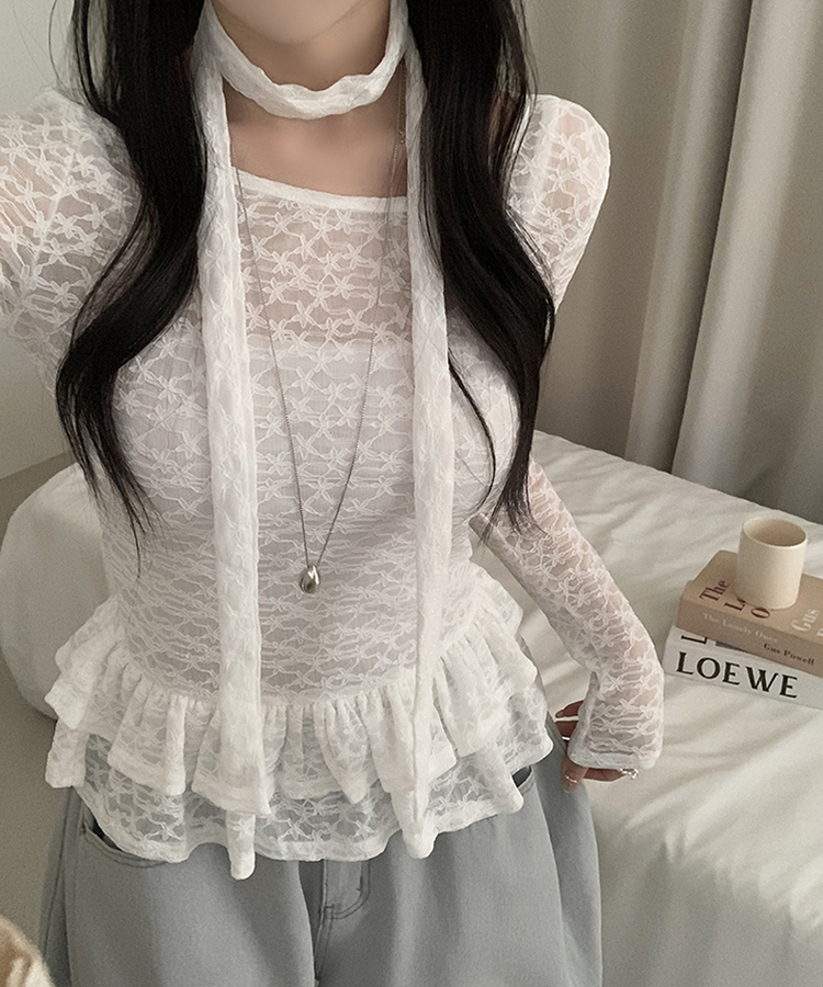 【タイ付き】チョーカーフリルティアードレースTシャツ WHITE