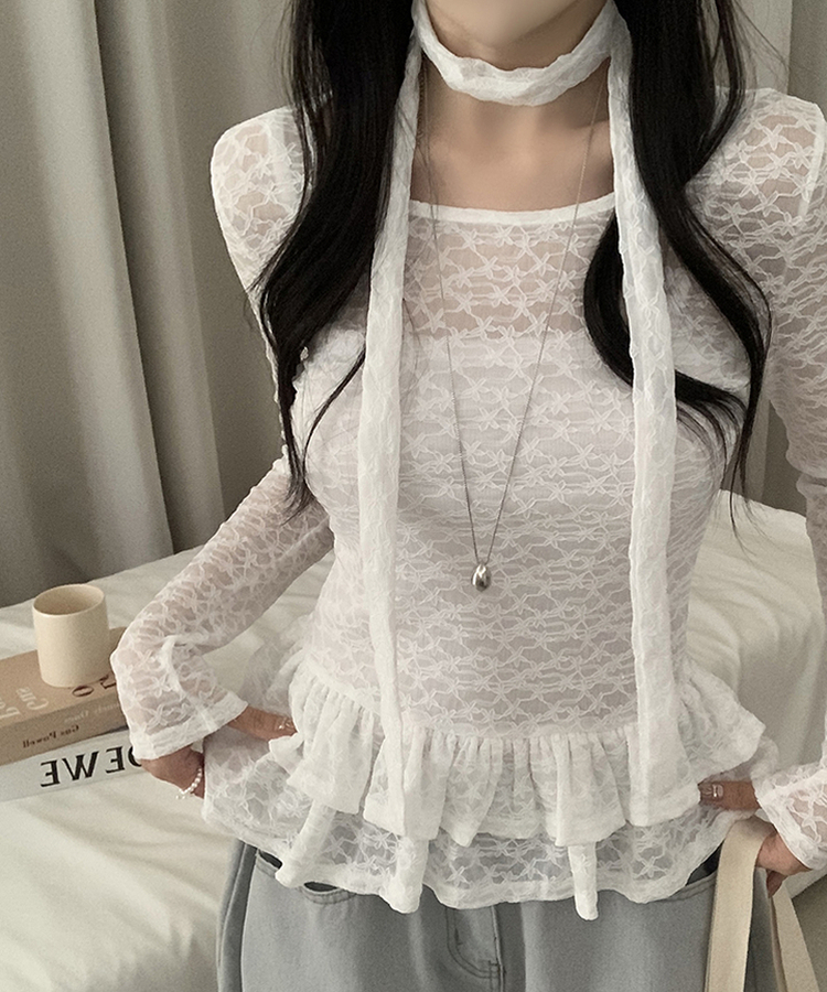 【タイ付き】チョーカーフリルティアードレースTシャツ WHITE