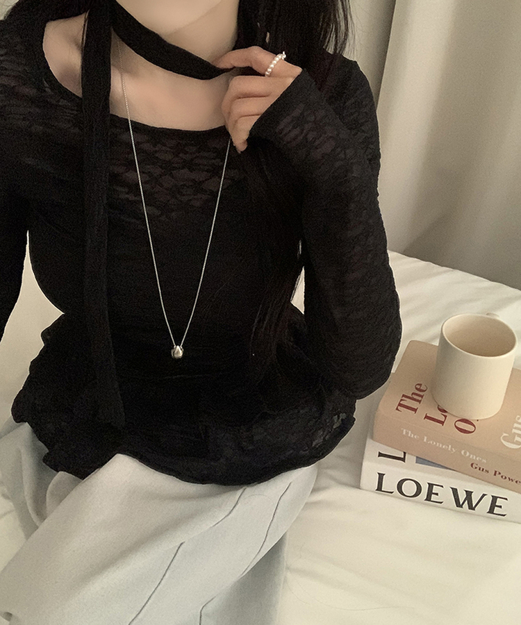 【タイ付き】チョーカーフリルティアードレースTシャツ BLACK