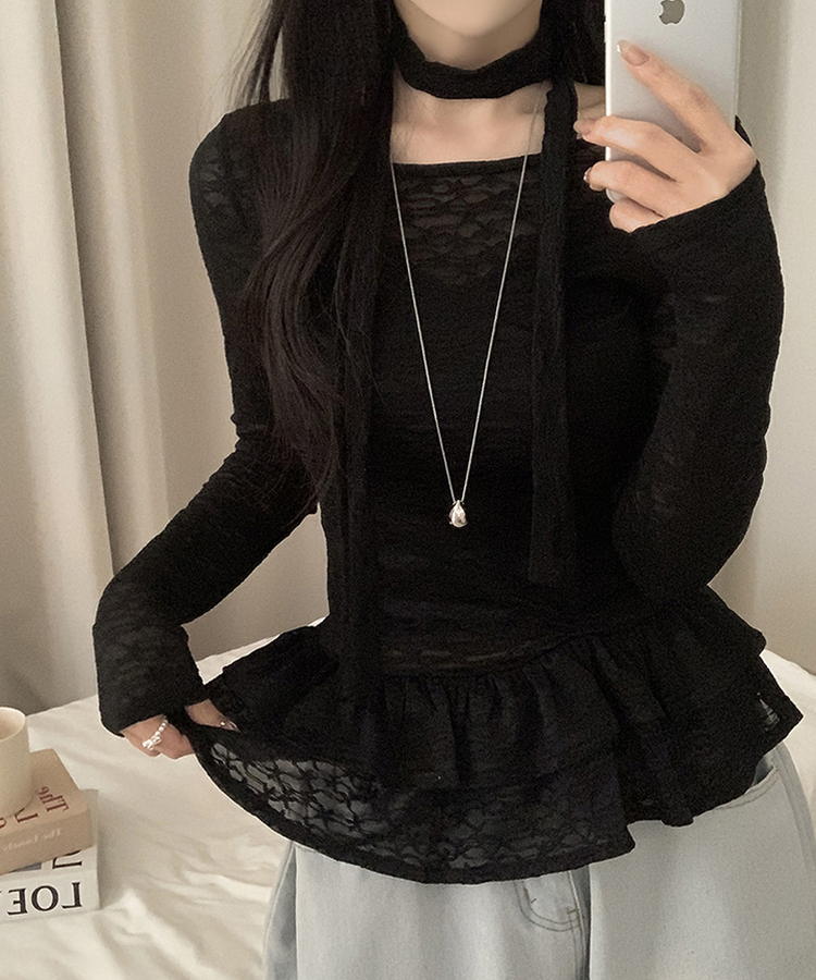 【タイ付き】チョーカーフリルティアードレースTシャツ BLACK