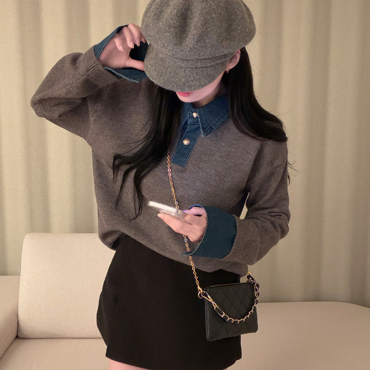 デニムレイヤードボタンニット GREY