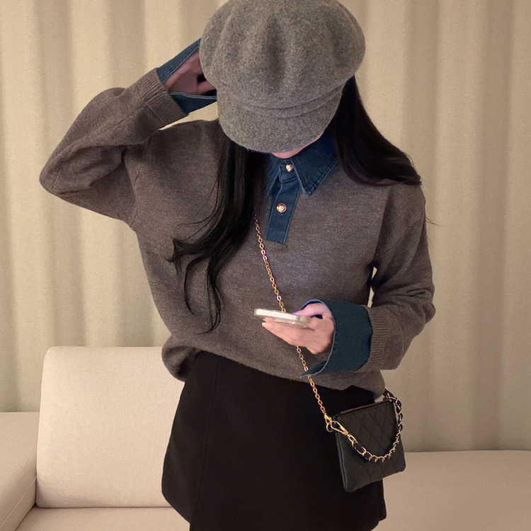 デニムレイヤードボタンニット GREY