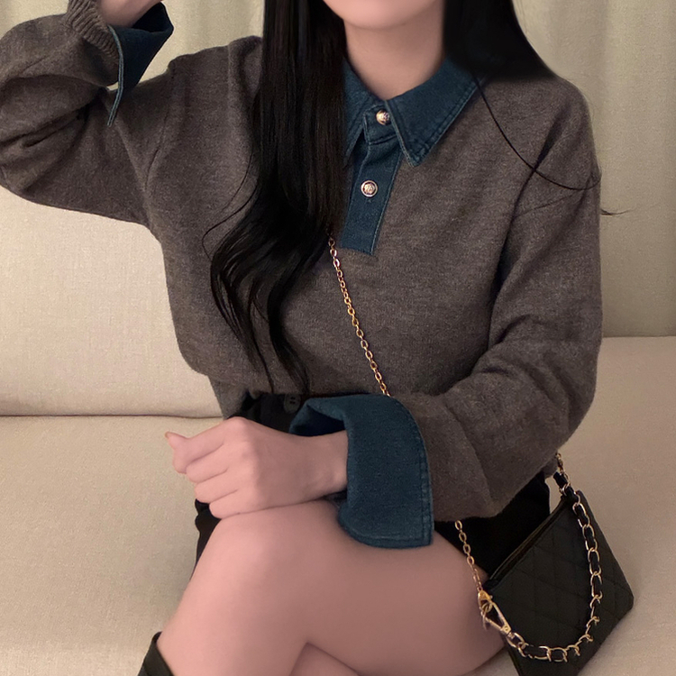 デニムレイヤードボタンニット GREY