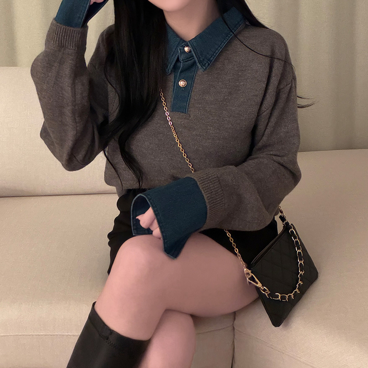 デニムレイヤードボタンニット GREY