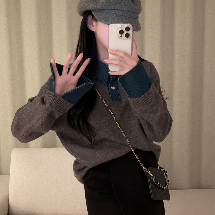 デニムレイヤードボタンニット GREY