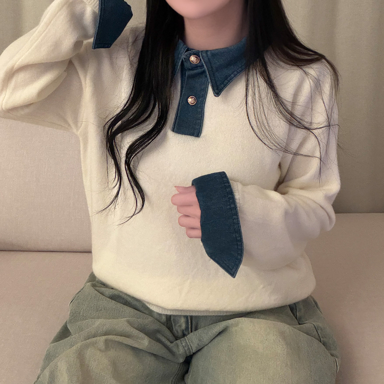 デニムレイヤードボタンニット IVORY