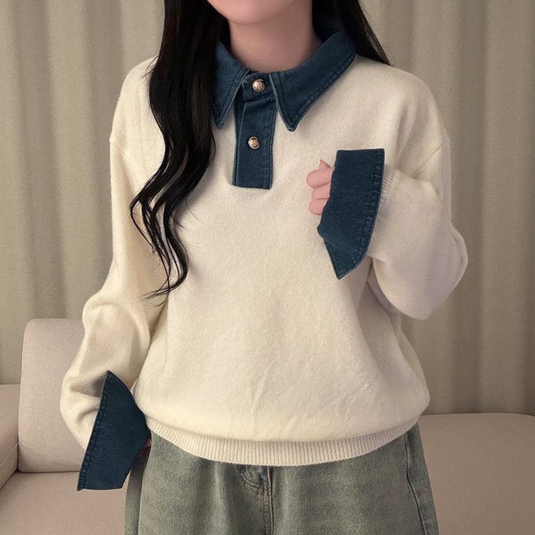 デニムレイヤードボタンニット IVORY