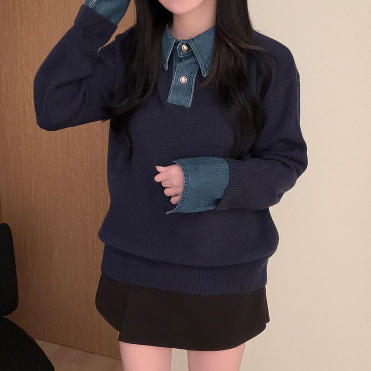 デニムレイヤードボタンニット NAVY