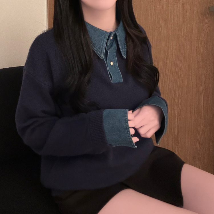 デニムレイヤードボタンニット NAVY