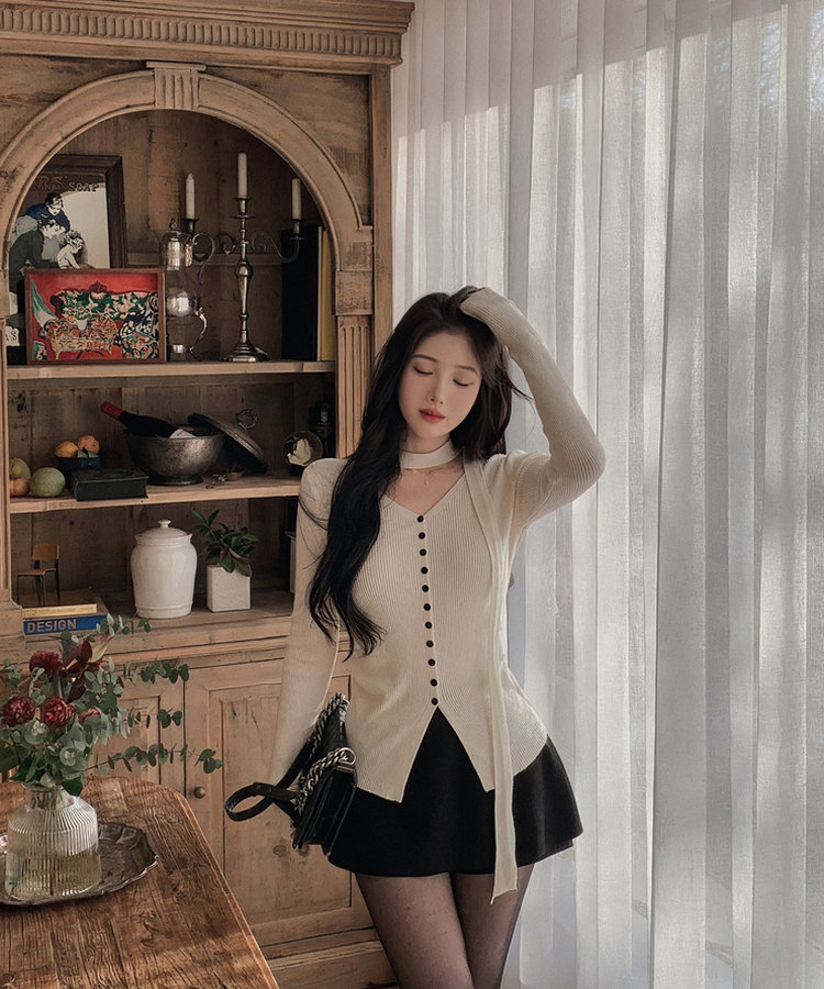 リブスリムフィットストラップカーディガン IVORY