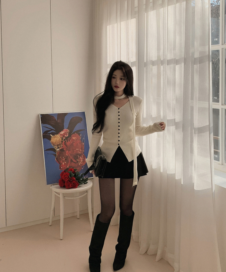 リブスリムフィットストラップカーディガン IVORY