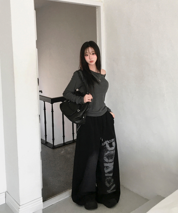 페티 브러쉬 워싱 레터링 스트링 와이드 밴딩 트레이닝 팬츠 블랙