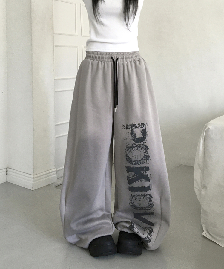페티 브러쉬 워싱 레터링 스트링 와이드 밴딩 트레이닝 팬츠 그레이