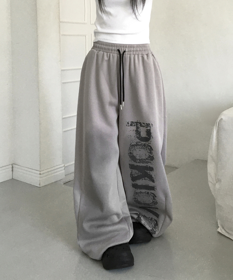 페티 브러쉬 워싱 레터링 스트링 와이드 밴딩 트레이닝 팬츠 그레이