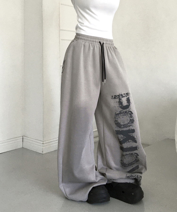 페티 브러쉬 워싱 레터링 스트링 와이드 밴딩 트레이닝 팬츠 그레이