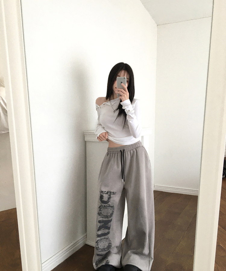 페티 브러쉬 워싱 레터링 스트링 와이드 밴딩 트레이닝 팬츠 그레이