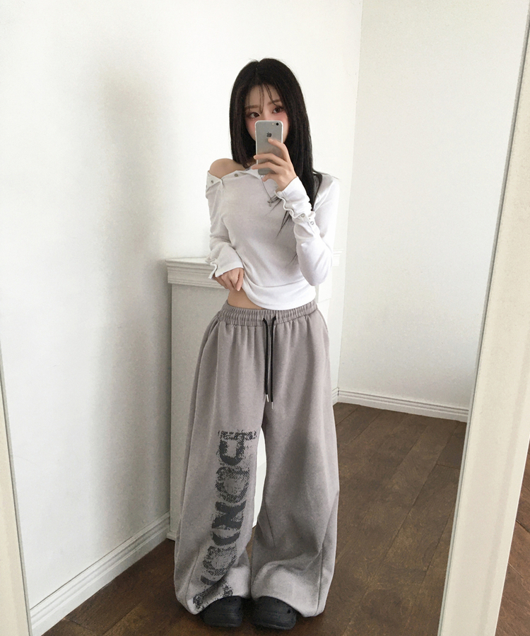 페티 브러쉬 워싱 레터링 스트링 와이드 밴딩 트레이닝 팬츠 그레이