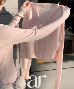 (ソフトタッチ／華奢ムード)   パンチング ウール ニットカーディガン   PINK