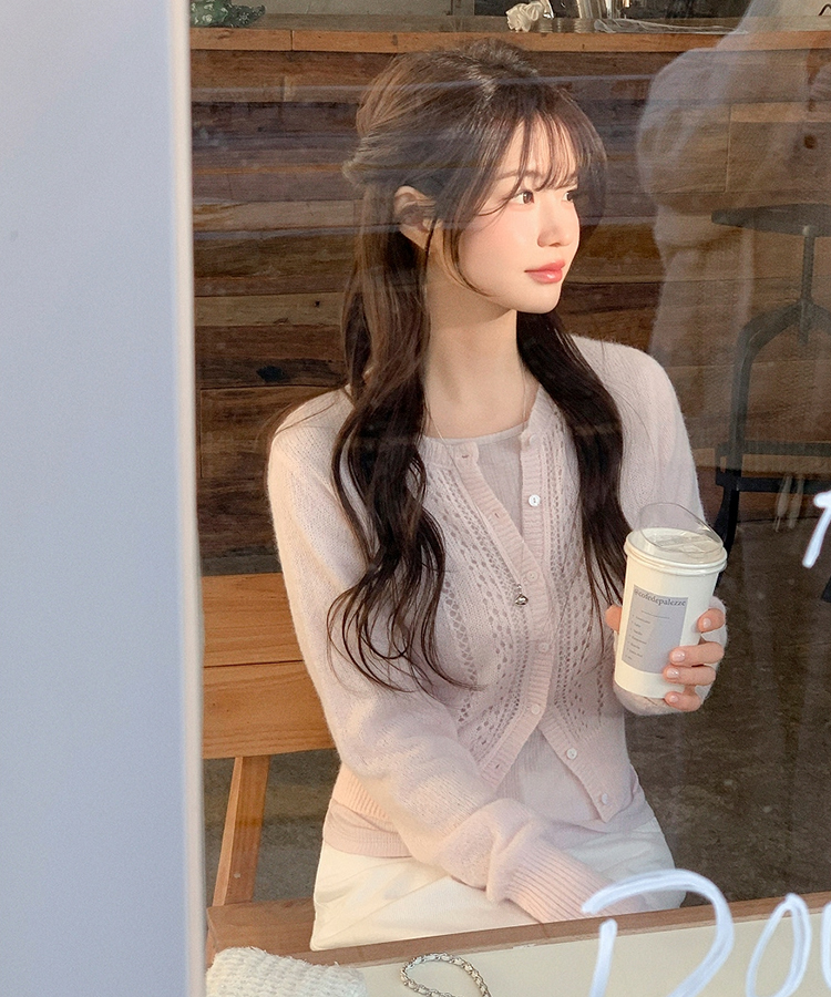 (ソフトタッチ／華奢ムード)   パンチング ウール ニットカーディガン   PINK