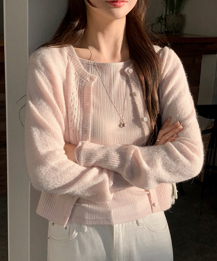 (ソフトタッチ／華奢ムード)   パンチング ウール ニットカーディガン   PINK