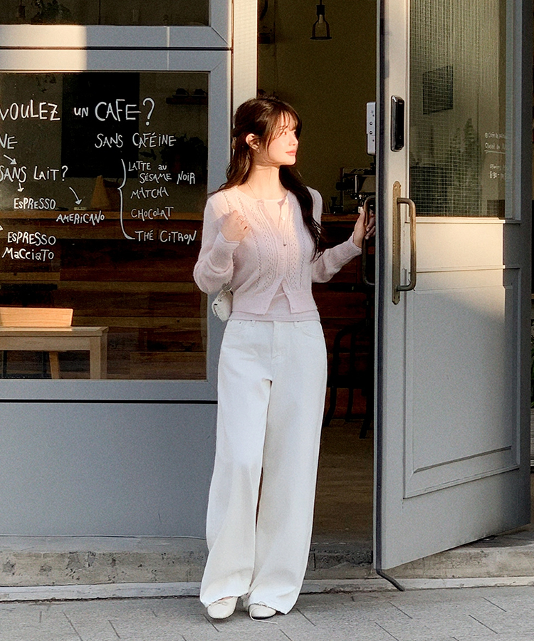 (ソフトタッチ／華奢ムード)   パンチング ウール ニットカーディガン   PINK