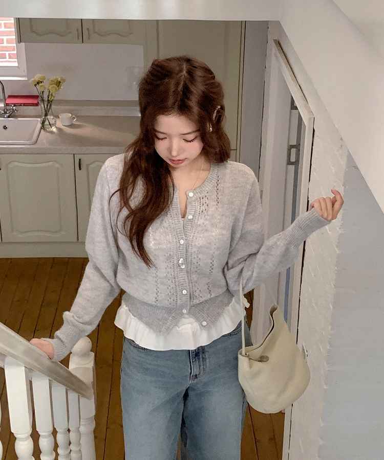 (ソフトタッチ／華奢ムード)   パンチング ウール ニットカーディガン   LIGHT GRAY