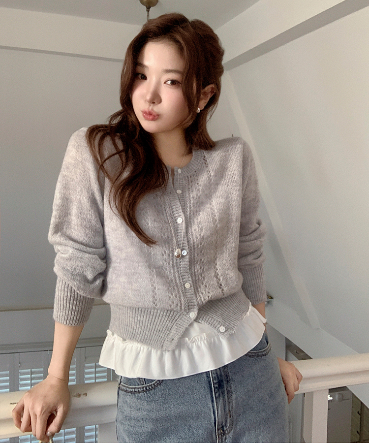 (ソフトタッチ／華奢ムード)   パンチング ウール ニットカーディガン   LIGHT GRAY