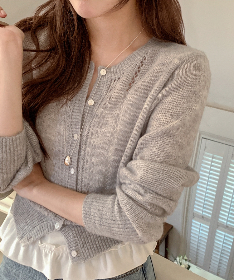 (ソフトタッチ／華奢ムード)   パンチング ウール ニットカーディガン   LIGHT GRAY