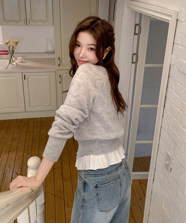 (ソフトタッチ／華奢ムード)   パンチング ウール ニットカーディガン   LIGHT GRAY