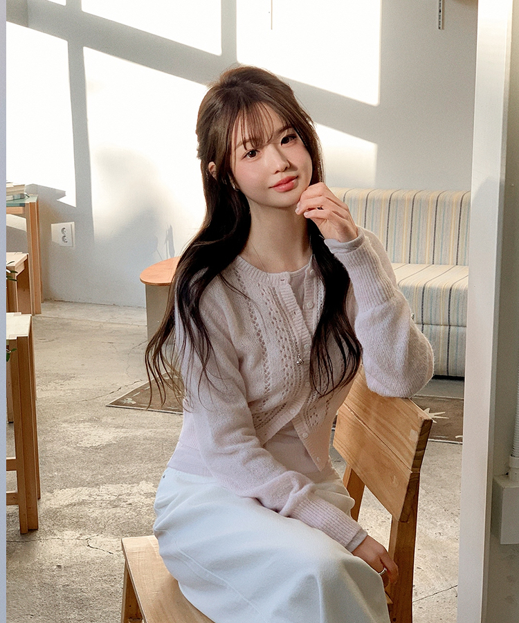 (ソフトタッチ／華奢ムード)   パンチング ウール ニットカーディガン   PINK