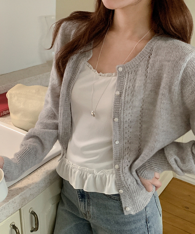(ソフトタッチ／華奢ムード)   パンチング ウール ニットカーディガン   LIGHT GRAY