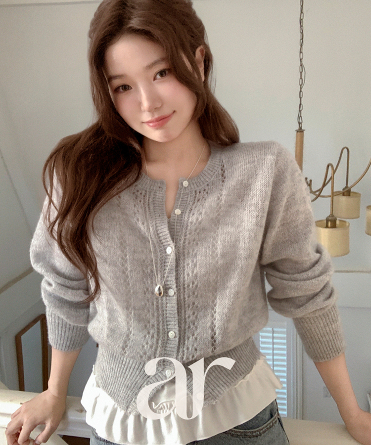 (ソフトタッチ／華奢ムード)   パンチング ウール ニットカーディガン   LIGHT GRAY