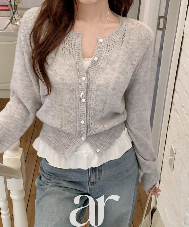 (ソフトタッチ／華奢ムード)   パンチング ウール ニットカーディガン   LIGHT GRAY