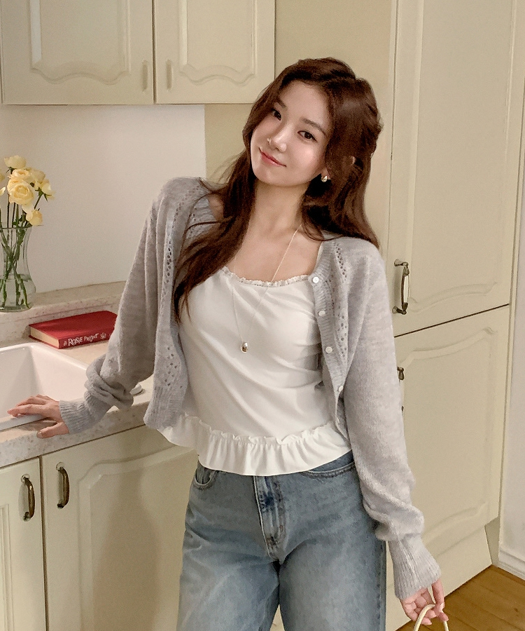 （ストラップ調節可能／Pinterest風ムード♥）レースフリルスリーブレスキャミソール IVORY