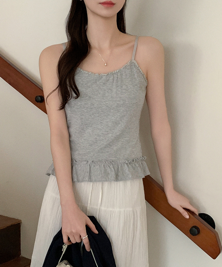 （ストラップ調節可能／Pinterest風ムード♥）レースフリルスリーブレスキャミソール GRAY