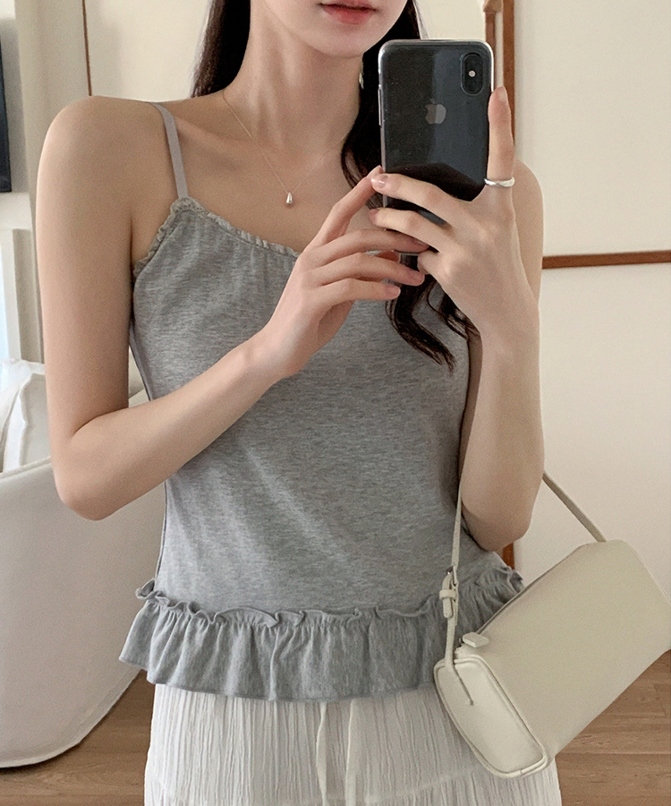 （ストラップ調節可能／Pinterest風ムード♥）レースフリルスリーブレスキャミソール GRAY
