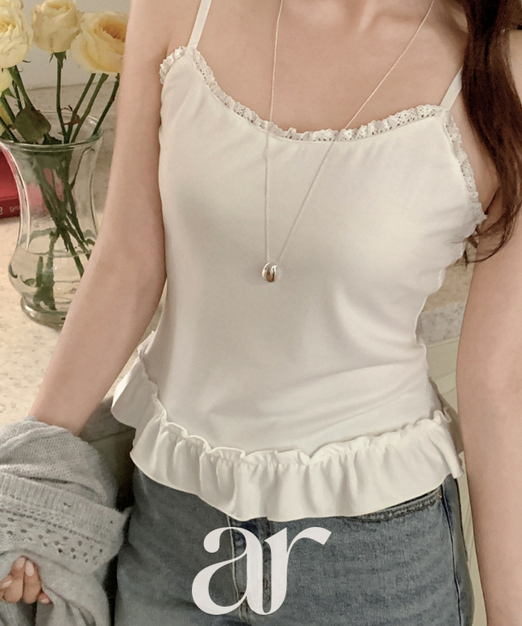 （ストラップ調節可能／Pinterest風ムード♥）レースフリルスリーブレスキャミソール IVORY