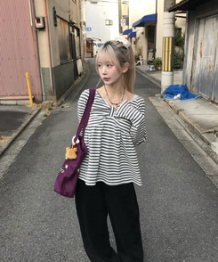 オフショルストライプリボンＴシャツ LIGHT GRAY