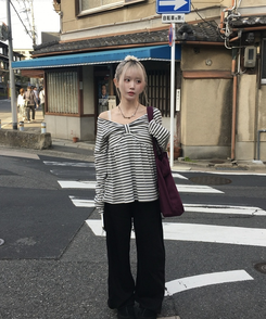 オフショルストライプリボンＴシャツ LIGHT GRAY